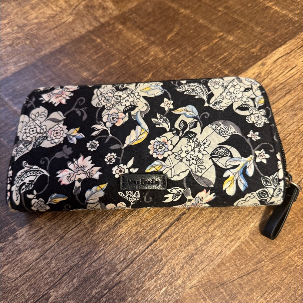 Vera Bradley Black Floral Zip Wallet with Cream and Pale Yellow Accents